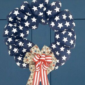 Patriotic Stars & Stripes Blurlap Wreath Door Decor Red White Blue Americana